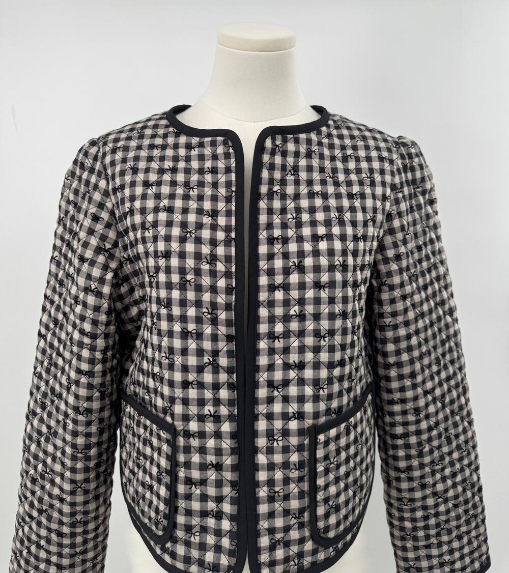 Caroline Constas Quilted Black & White Gingham Bow Jacket Cotton Check Blazer M